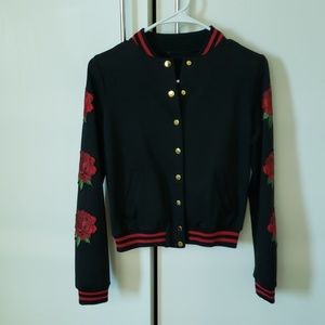 Black light bomber jacket with red roses